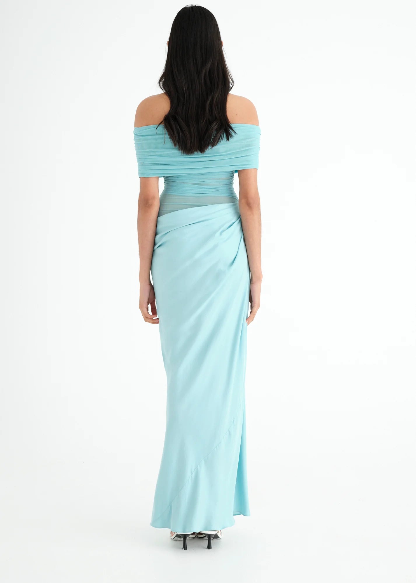 ONLINE WAREHOUSE SALE: BENNI NICO OFF SHOULDER MAXI DRESS AQUAMARINE BLUE