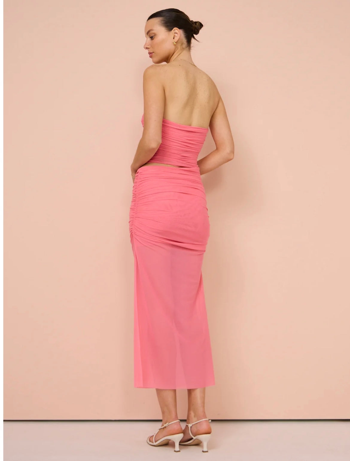 BEC AND BRIDGE IONA STRAPLESS MIDI DRESS GRAPEFRUIT PINK