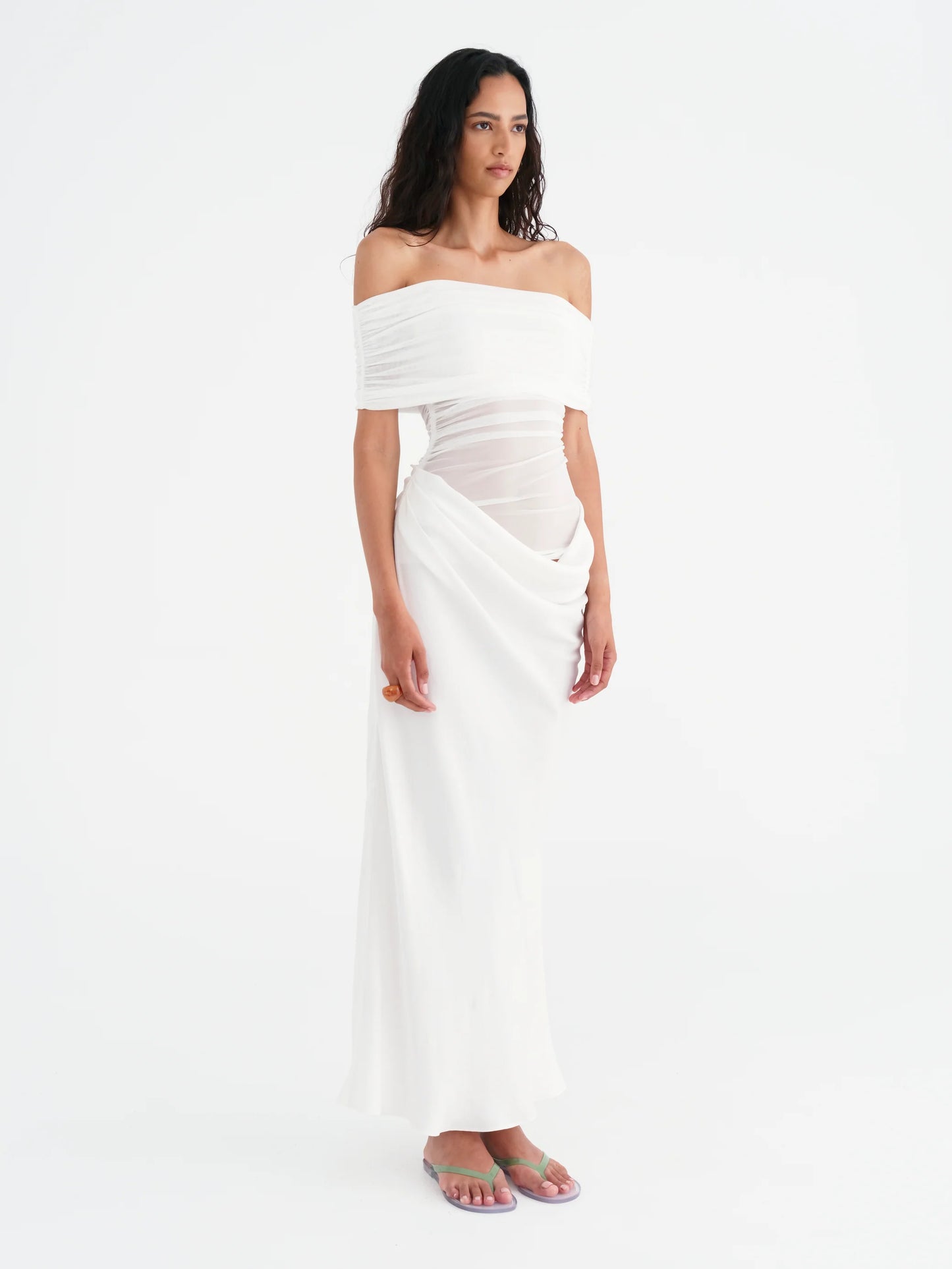 BENNI NICO OFF SHOULDER MAXI DRESS WHITE