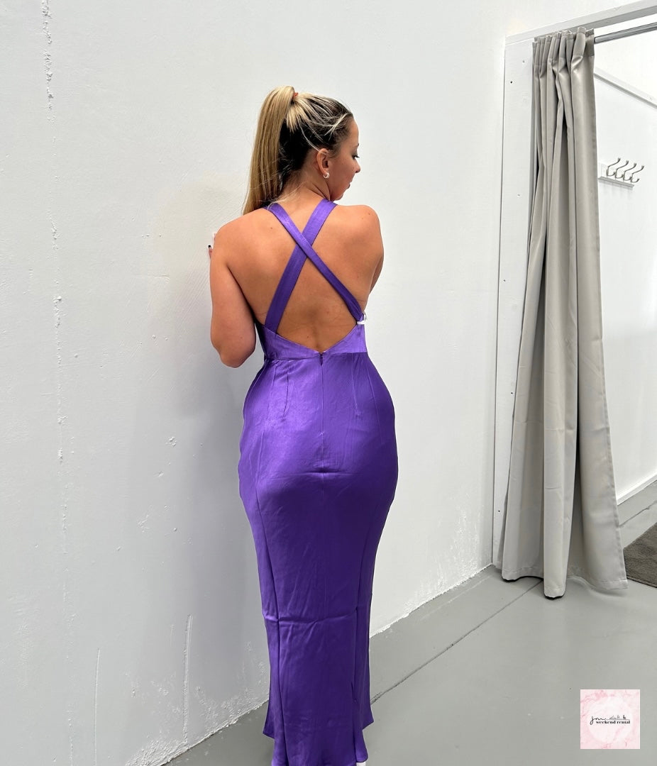 SHONA JOY LANA PLUNGED CROSS BACK MIDI DRESS PURPLE