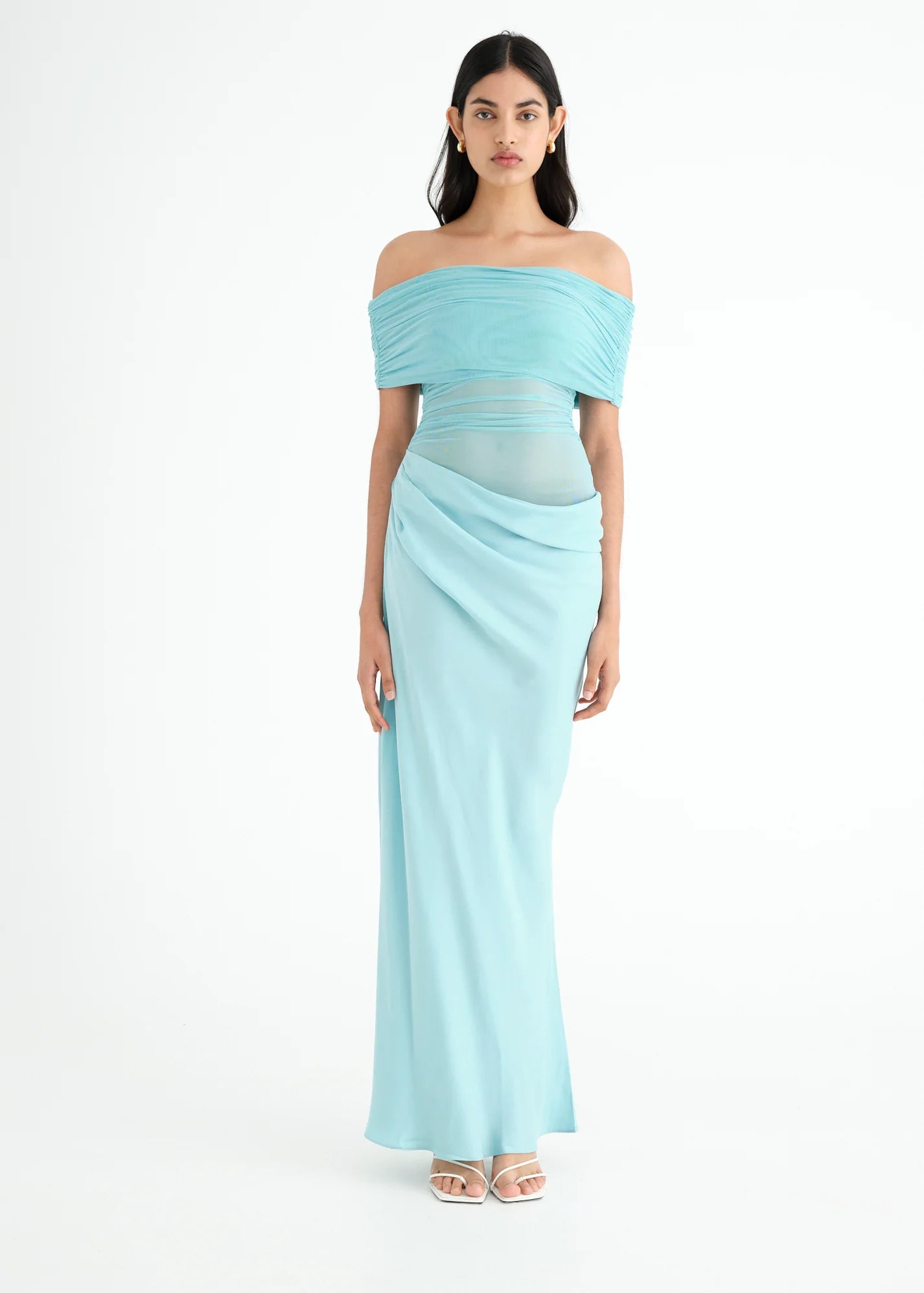 ONLINE WAREHOUSE SALE: BENNI NICO OFF SHOULDER MAXI DRESS AQUAMARINE BLUE