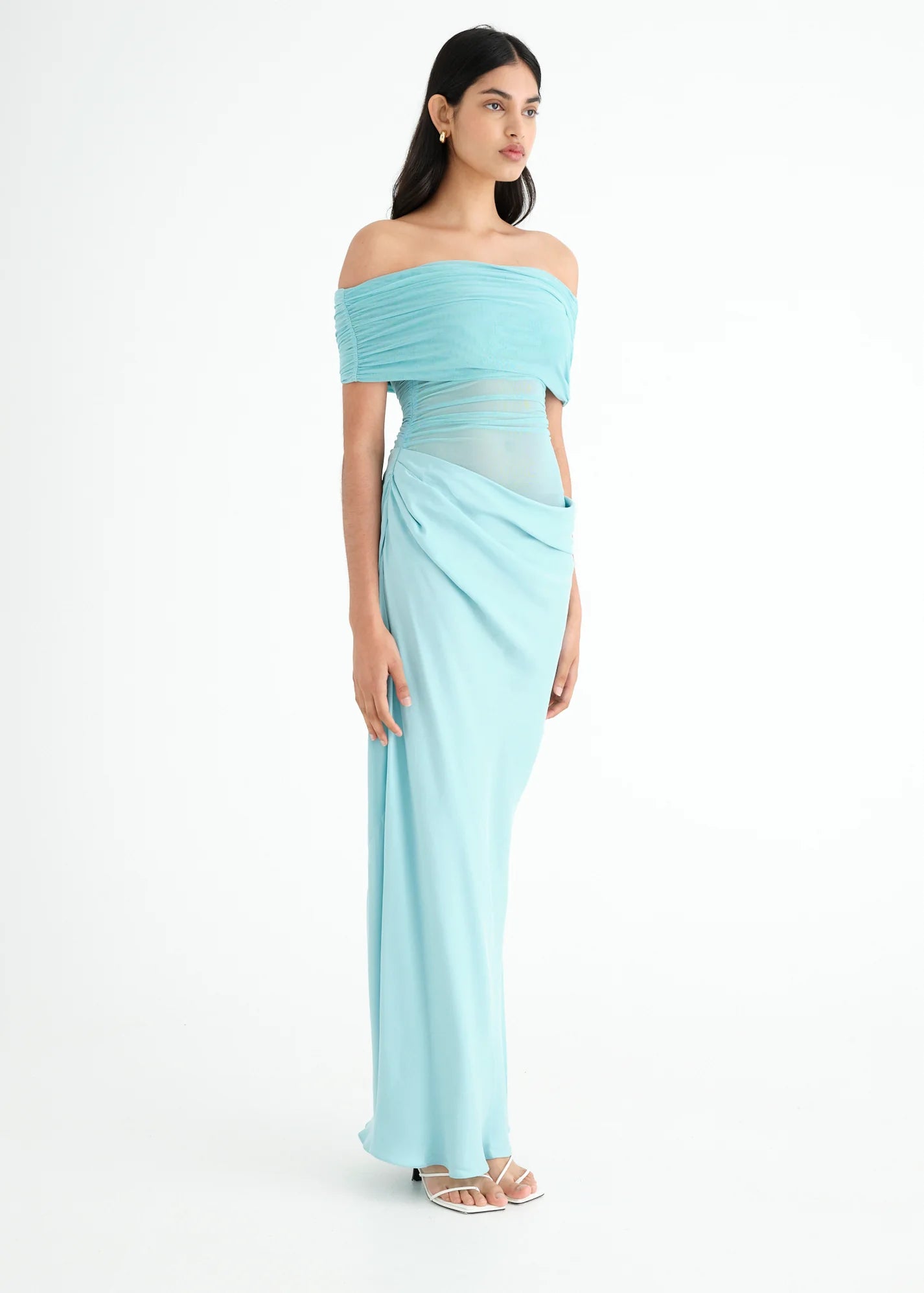 ONLINE WAREHOUSE SALE: BENNI NICO OFF SHOULDER MAXI DRESS AQUAMARINE BLUE