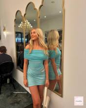 Load image into Gallery viewer, BENNI NICO OFF SHOULDER MINI DRESS AQUAMARINE BLUE
