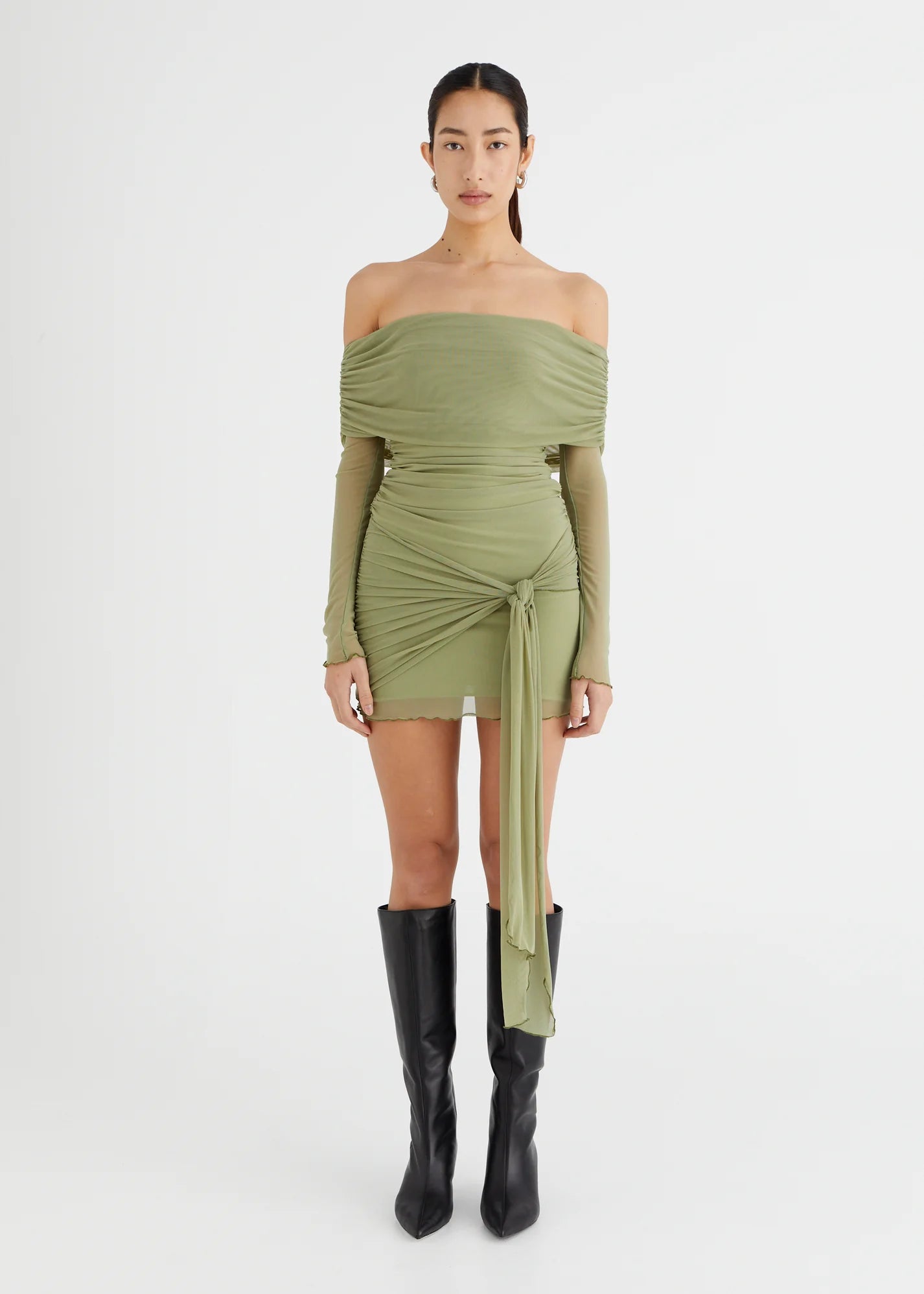 BENNI YASMIN OFF SHOULDER MINI DRESS PISTACHIO