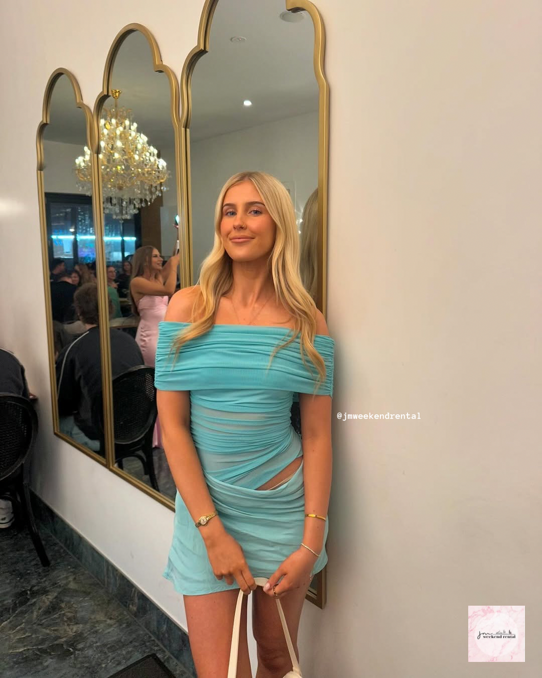 BENNI NICO OFF SHOULDER MINI DRESS AQUAMARINE BLUE