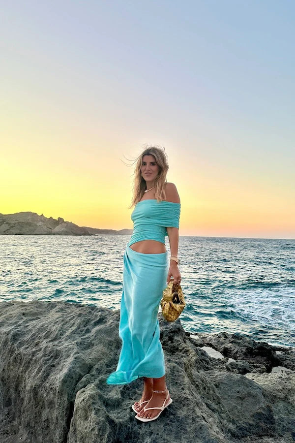 BENNI NICO OFF SHOULDER MAXI DRESS AQUAMARINE BLUE