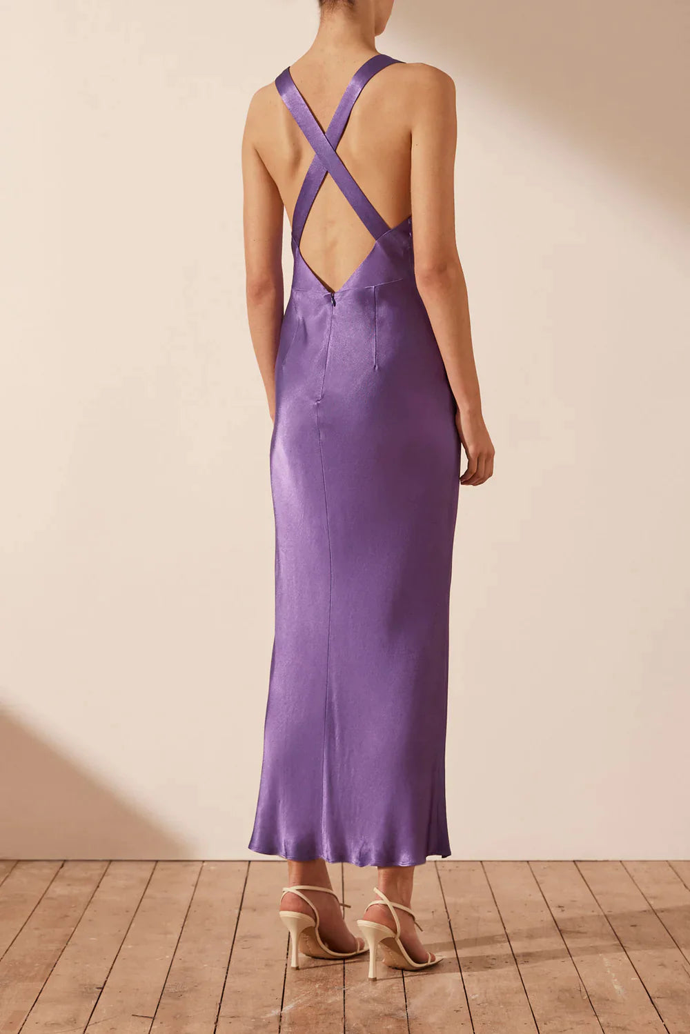 SHONA JOY LANA PLUNGED CROSS BACK MIDI DRESS PURPLE