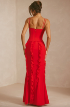 Load image into Gallery viewer, OH POLLY PERRINE CORSET FRILL MAXI DRESS RED
