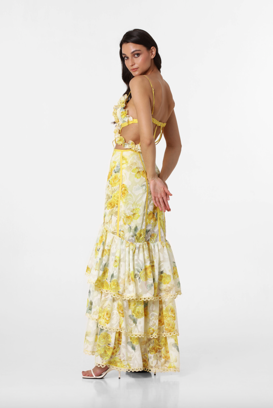 WAREHOUSE SALE: MENTI YELLOW ROSES MAXI DRESS
