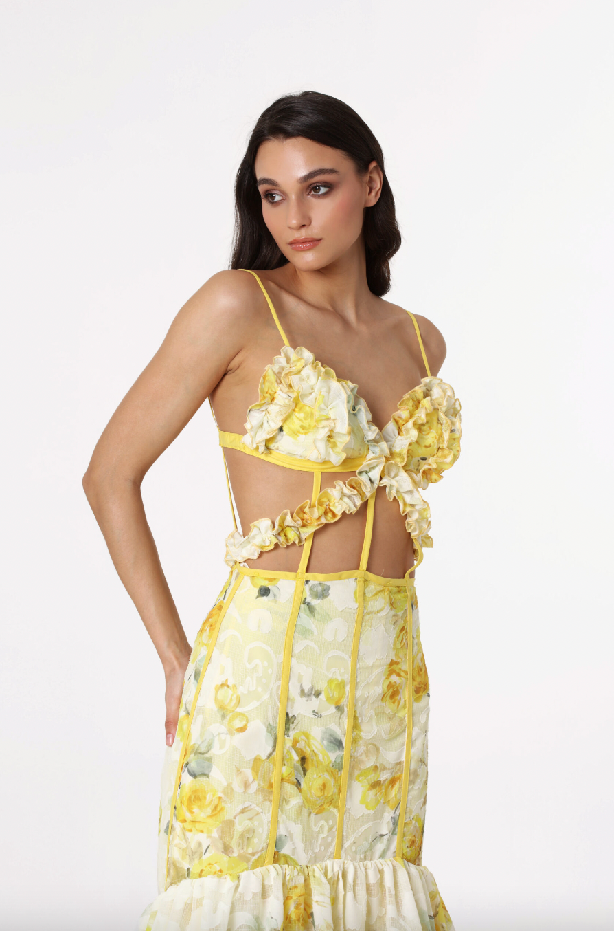 WAREHOUSE SALE: MENTI YELLOW ROSES MAXI DRESS