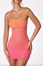 Load image into Gallery viewer, OH POLLY BASEL EMBELLISHED STRAPLESS MINI DRESS RED/ORANGE OMBRE
