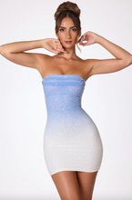 Load image into Gallery viewer, OH POLLY BASEL EMBELLISHED STRAPLESS MINI DRESS BLUE/WHITE OMBRE
