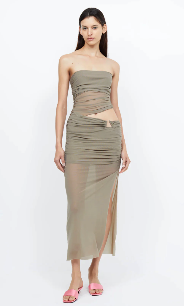 ONLINE WAREHOUSE SALE: BEC AND BRIDGE IONA MIDI DRESS TAUPE