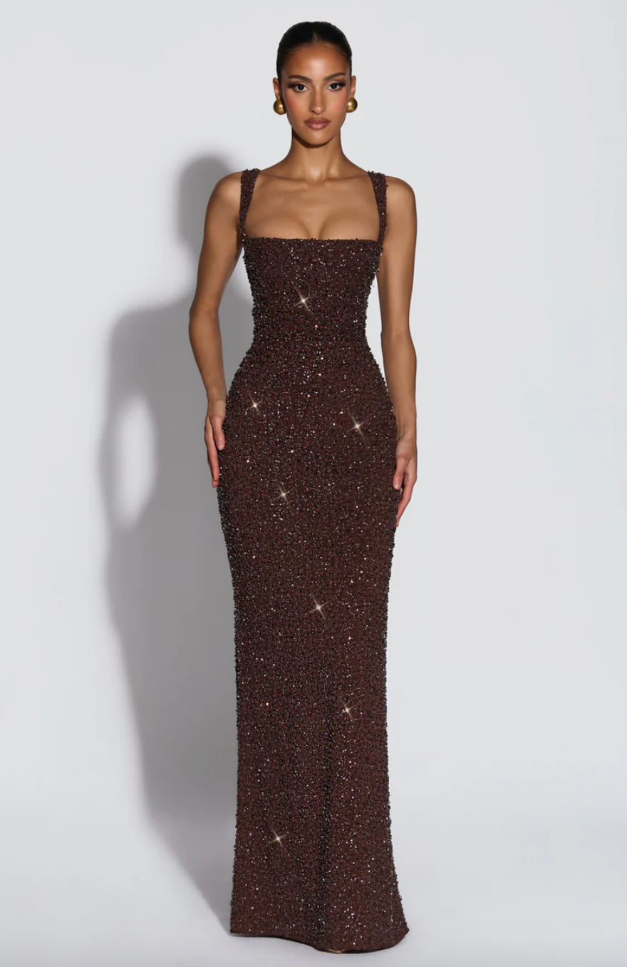 BABYBOO CALANTHE MAXI DRESS PLUM BROWN SPARKLE