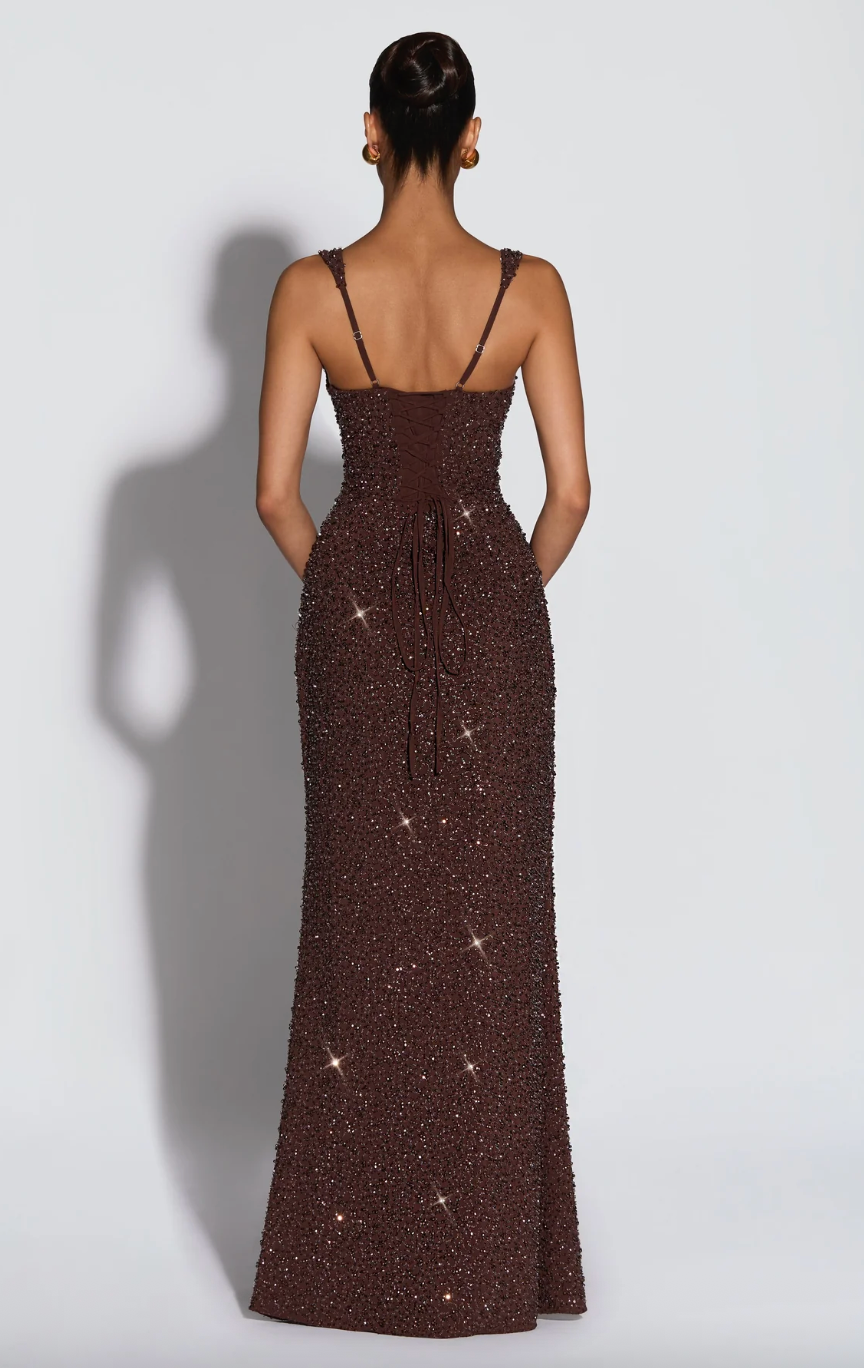 BABYBOO CALANTHE MAXI DRESS PLUM BROWN SPARKLE