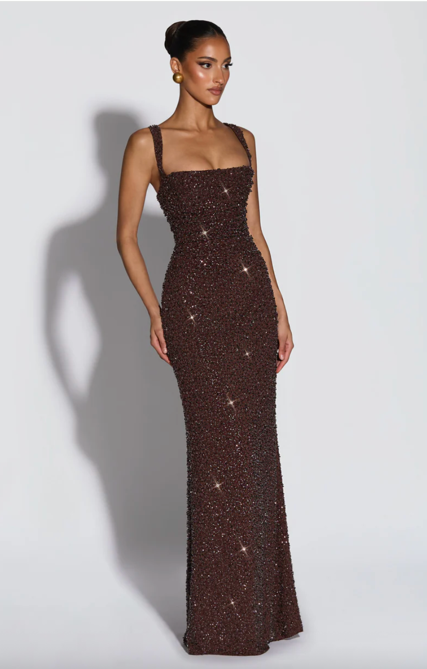 BABYBOO CALANTHE MAXI DRESS PLUM BROWN SPARKLE