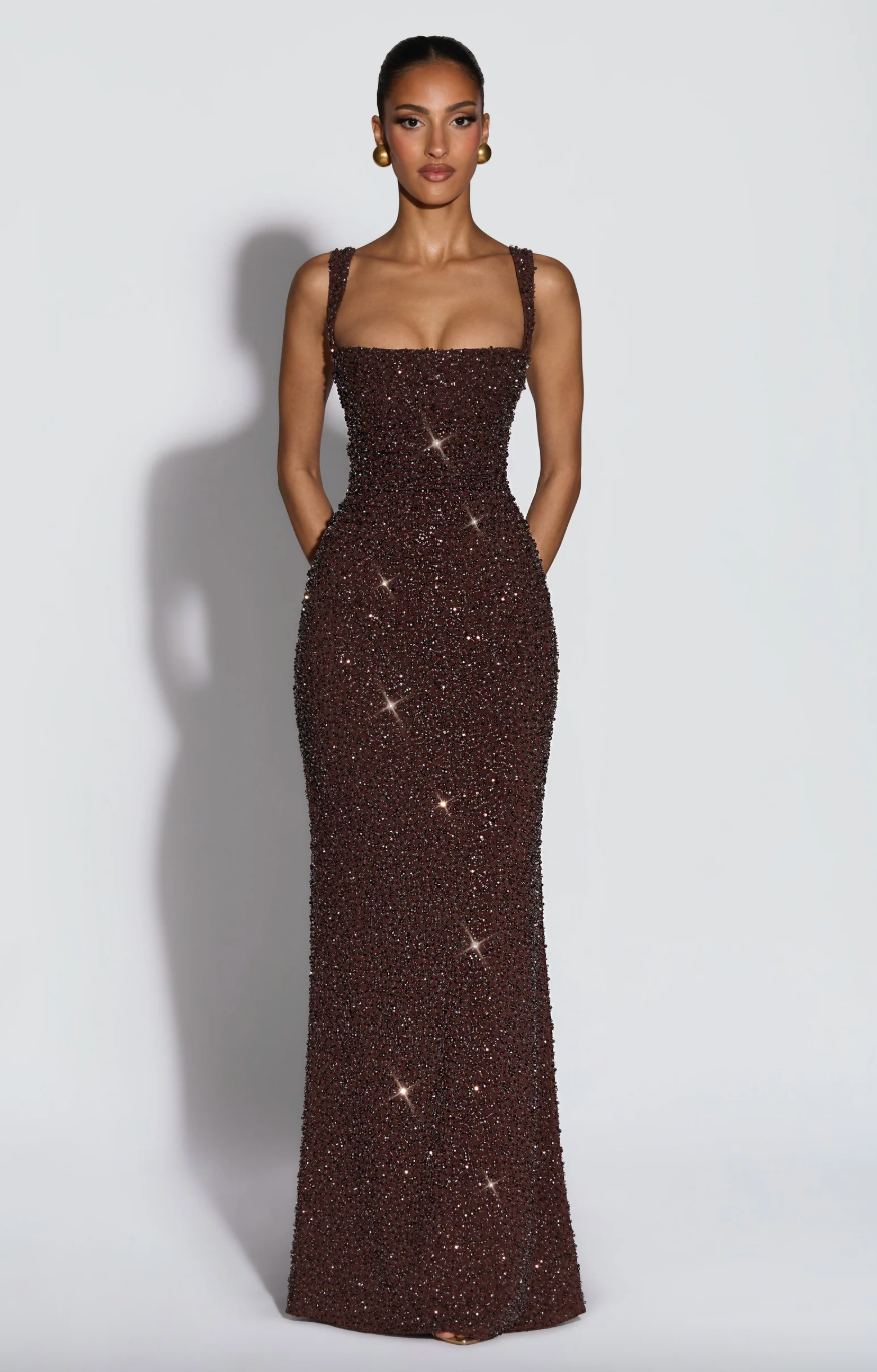 BABYBOO CALANTHE MAXI DRESS PLUM BROWN SPARKLE