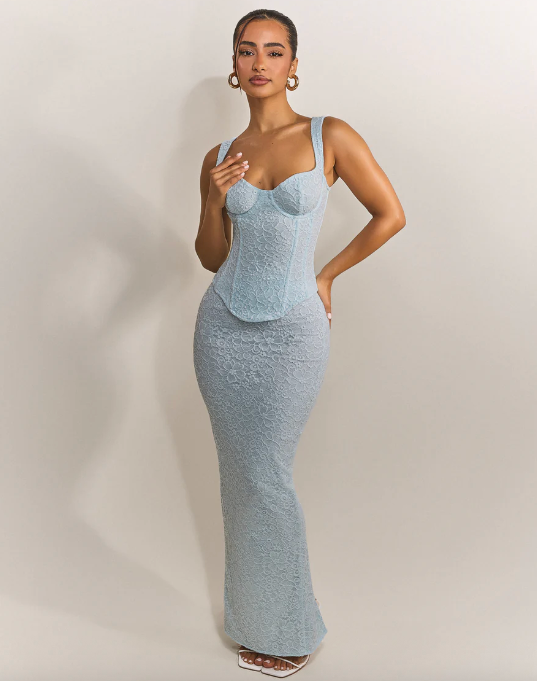 MARS THE LABEL BABY BLUE CINCHED LACE CORSET MAXI SET