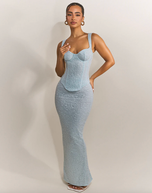 MARS THE LABEL BABY BLUE CINCHED LACE CORSET MAXI SET