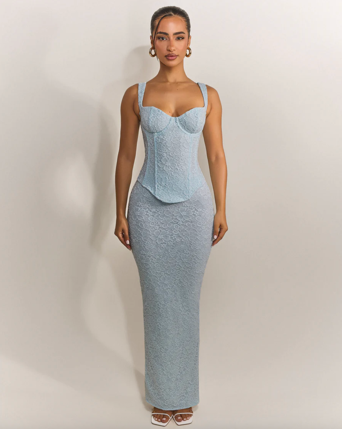 MARS THE LABEL BABY BLUE CINCHED LACE CORSET MAXI SET