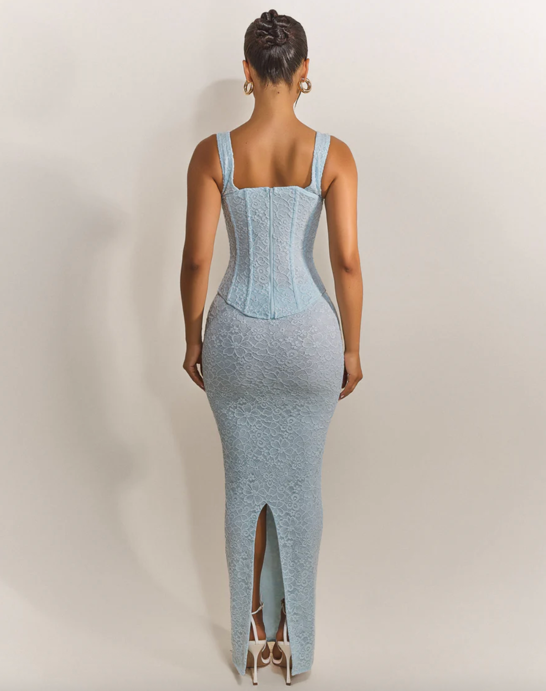 MARS THE LABEL BABY BLUE CINCHED LACE CORSET MAXI SET