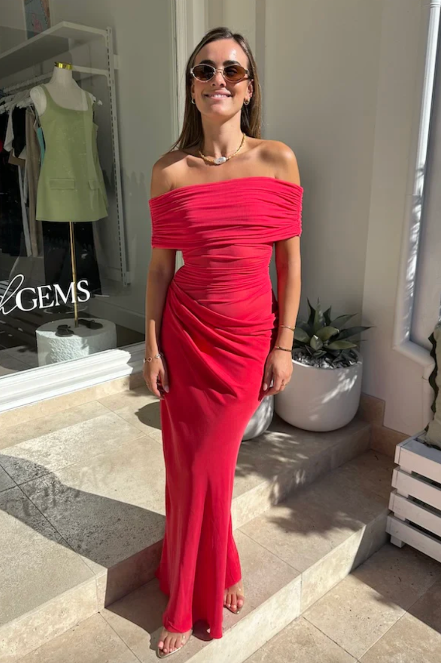 BENNI NICO OFF SHOULDER MAXI DRESS WATERMELON