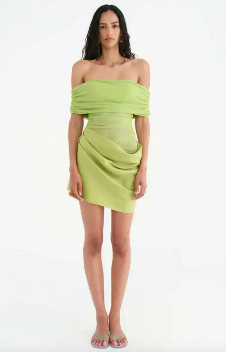 BENNI NICO OFF SHOULDER MINI DRESS APPLE GREEN