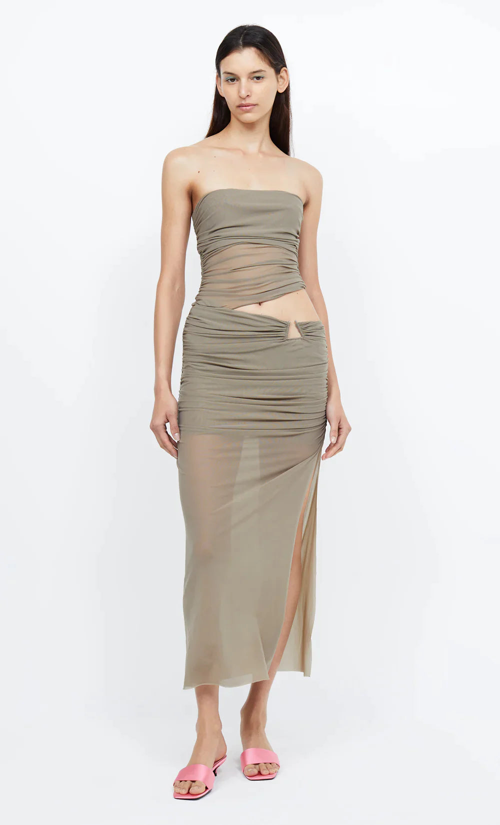 BEC AND BRIDGE IONA STRAPLESS MIDI DRESS TAUPE